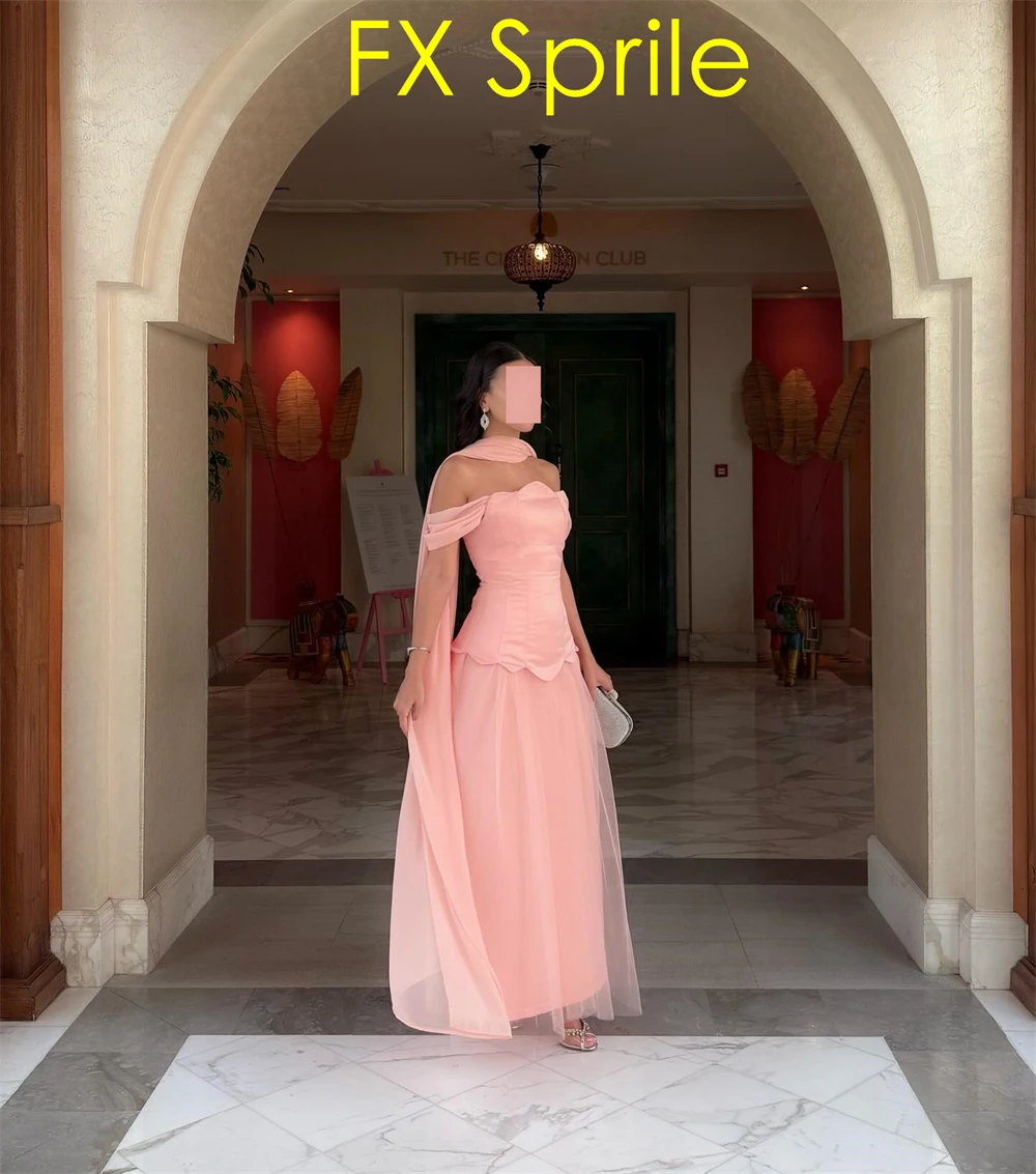 

Customized Simple Pink Tulle Evening Dress Fashion Off the Shoulder Homecoming Dresses Soft Sweep Train Special Occasion Gowns