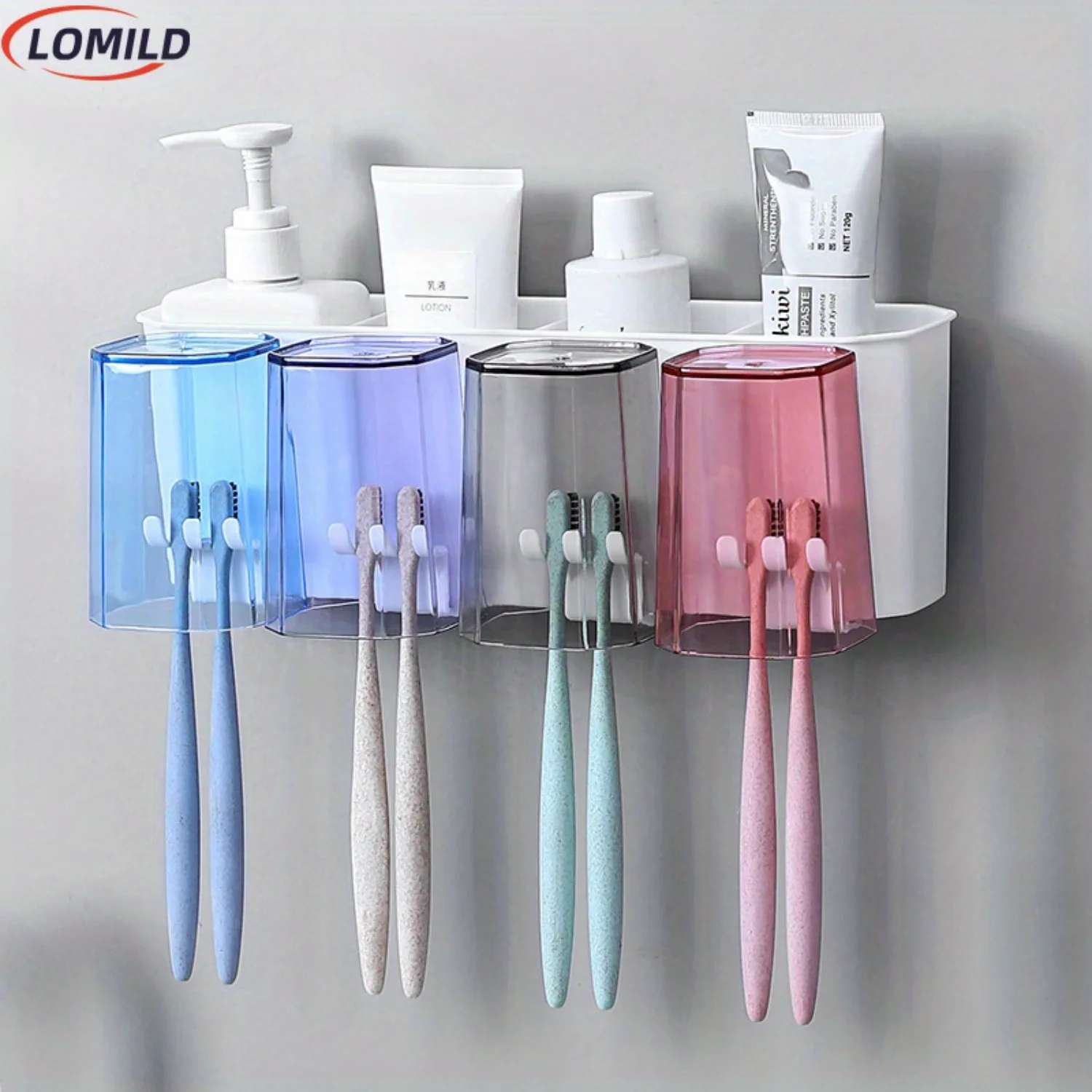 Wall Mount Toothbrush Holder Set - 2pcs Non-Perforated Plastic Toothbrush Cup and Mouthwash Cup, Toothbrush  Box, Easy Installat