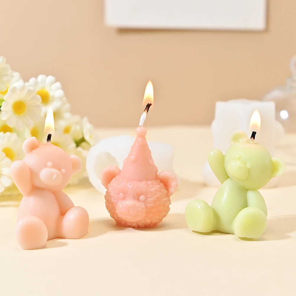 LZ059 3D Birthday Hat Teddy Bear Candle Silicone Mold DIY Bear Resin Chocolate Fondant Baking Cake Molds