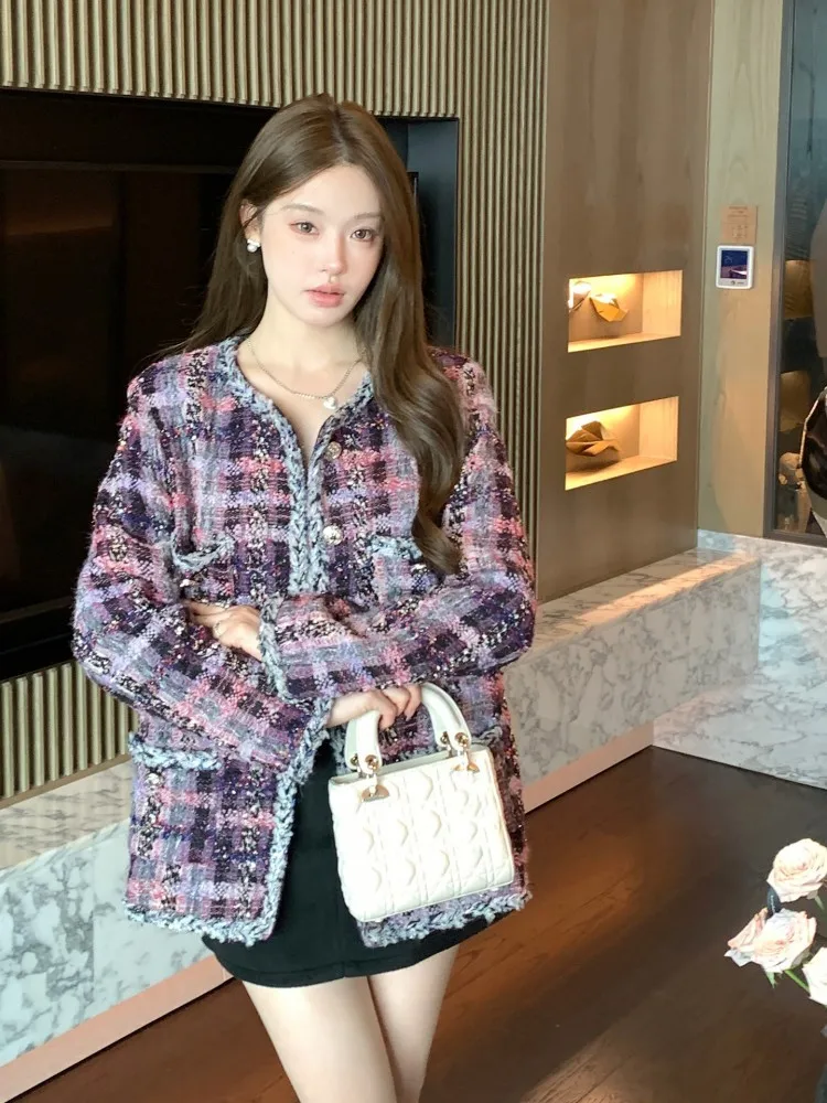 French Style Women Plaid Tweed Spliced Multi Pockets Jacket O Neck Single Breasted Short Coat Long Sleeve Loose Fit Casual Lady