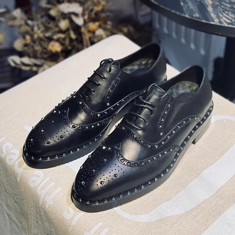 Punk Rock Black Leather Brogue Oxford Shoes Wingtip Carving Rivet Spikes Lace-Up Men Round-Toe Club and Party Dress Shoes