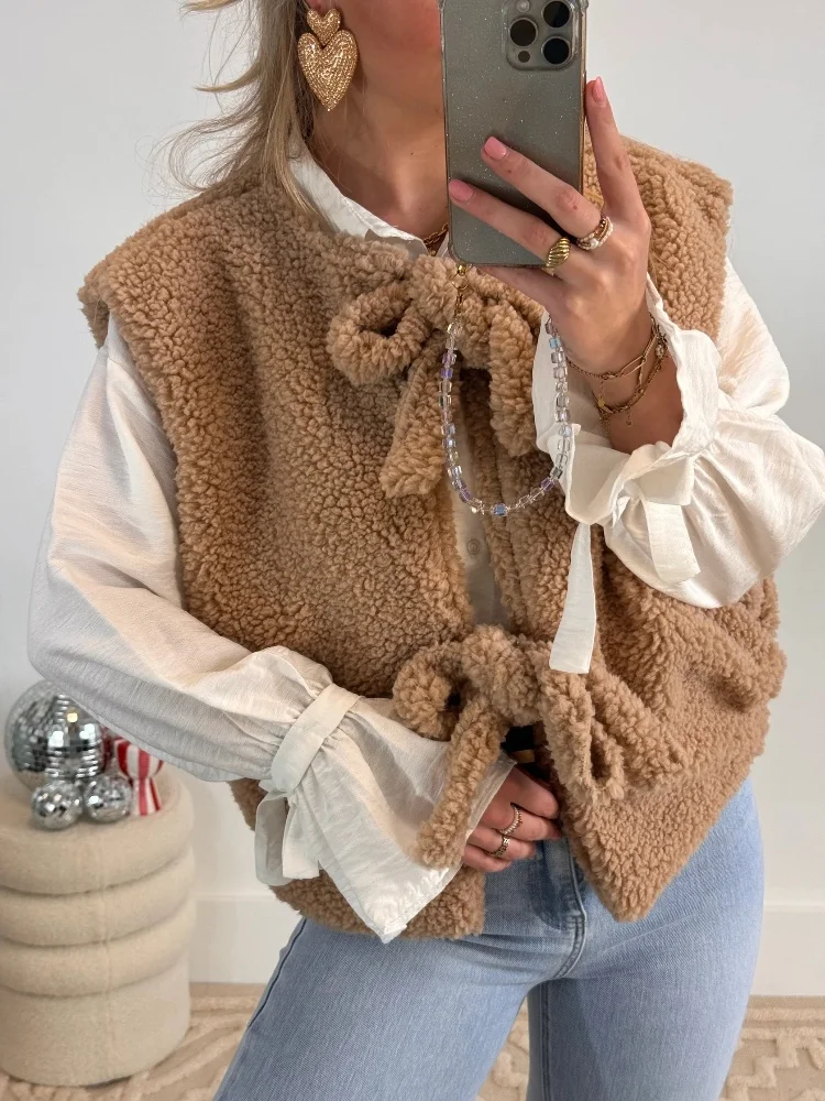 

Women's Vintage Fleece Lambswool Outwear Vests Up Sleeveless Bow Furry Fall Winter Warm Coat Women