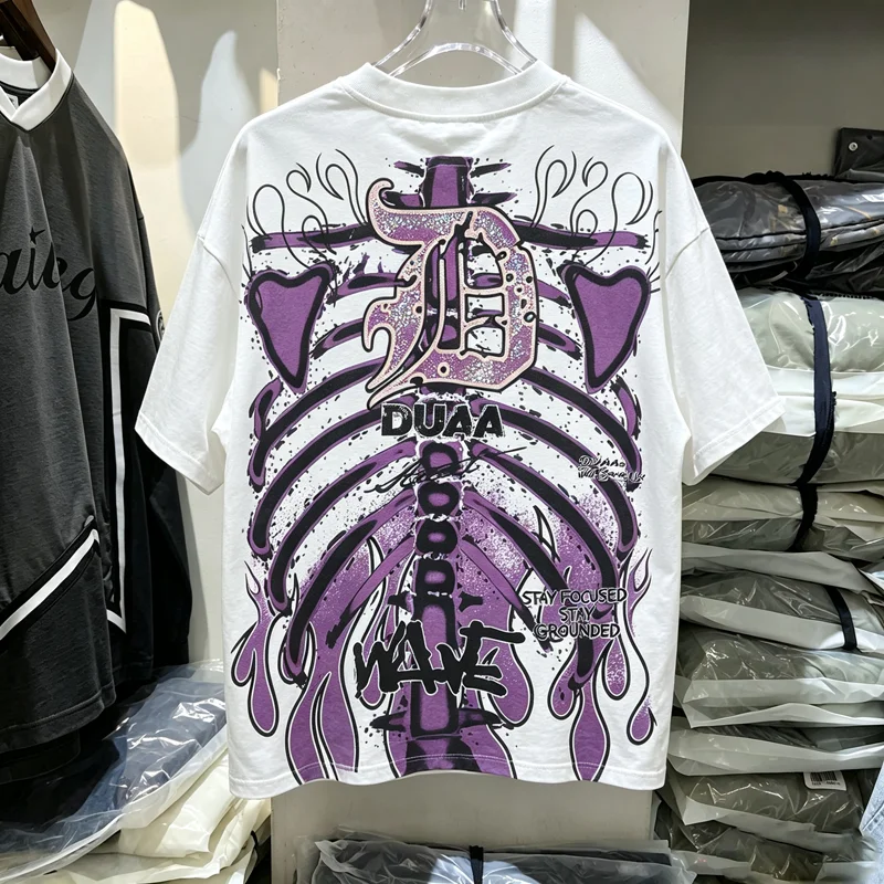 Purple Skeleton Bone Diamond Label Duaa Will Save Us T Shirt Men Women Flame Pattern Tee High Street Loose Short Sleeve Tops