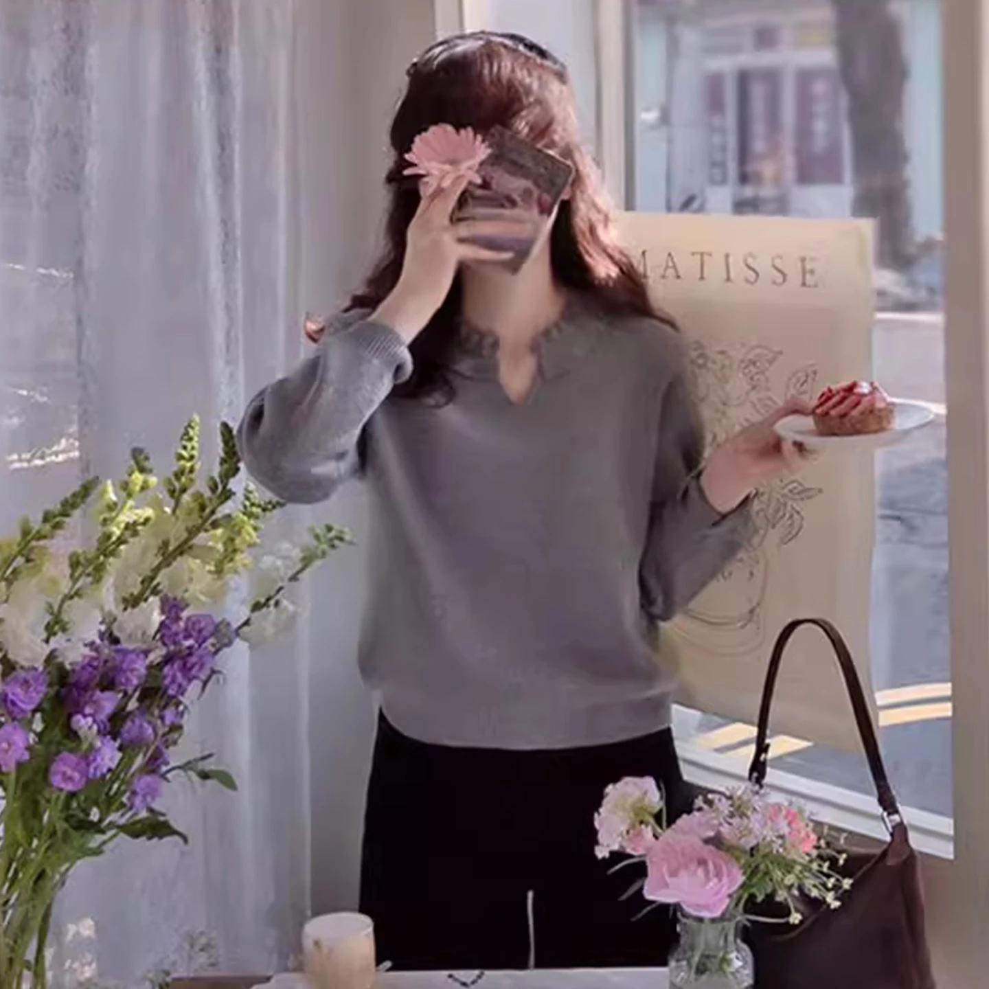 Macio e aconchegante emenda orelha de madeira cor pura camisola de malha feminina ajuste solto outono inverno versátil malha superior anti-envelhecimento