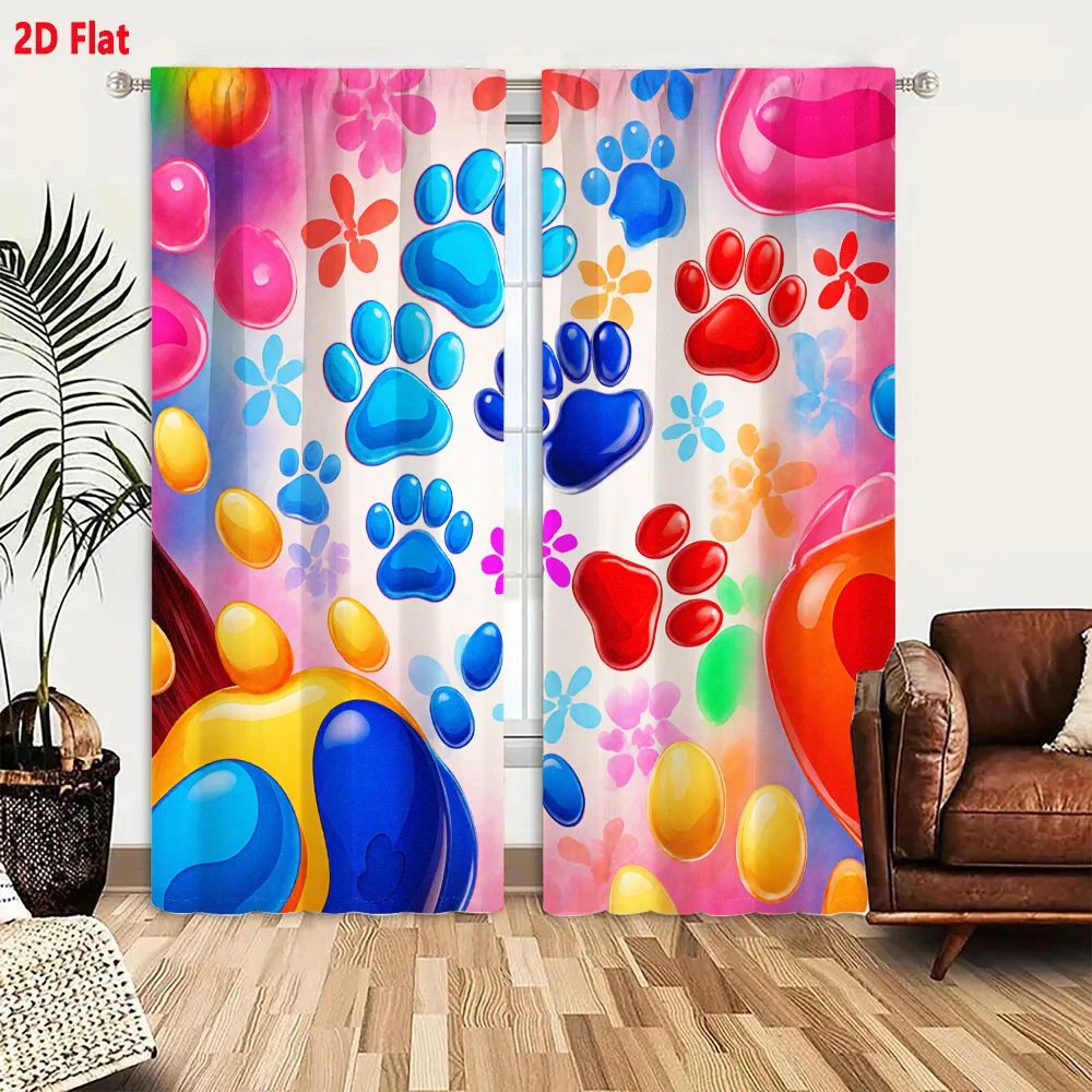 2Pcs Curtains 2D Flat Whimsical Colorful Paw Prints & Flowers Illustration On Light Pink Background With Blue Red Ovals & Glossy