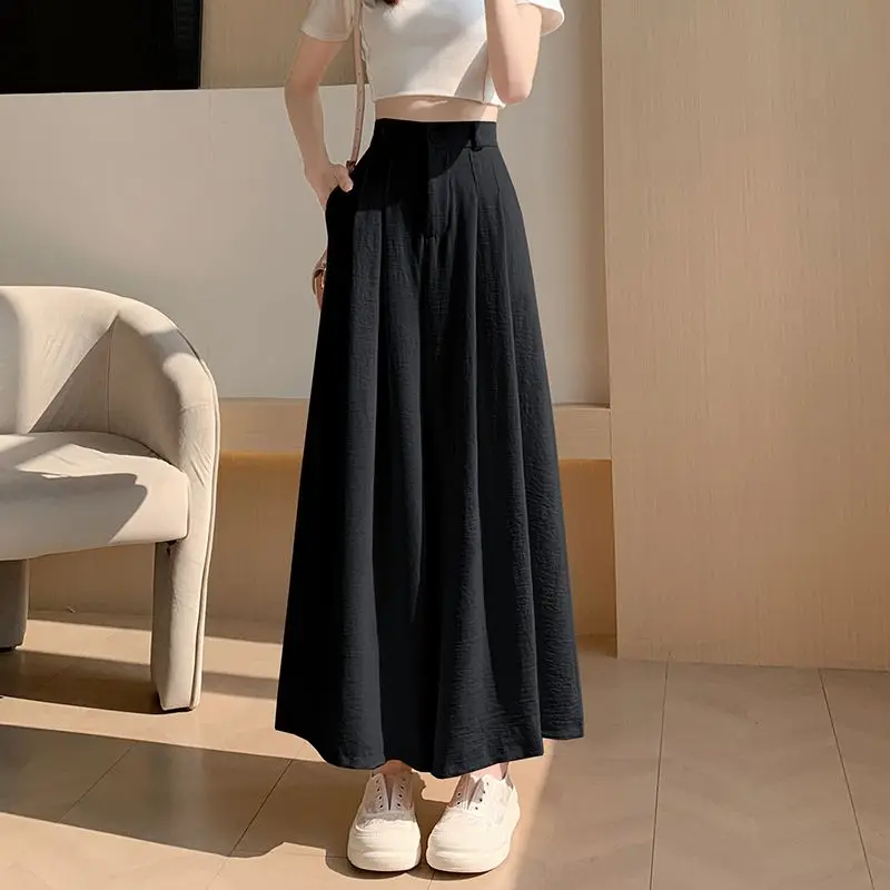 Korean Fashion Summer Thin Skirt Pants Women Solid Ice Silk Zipper Elastic High Waist Hip Hop Loose Straight Wide Leg Trousers