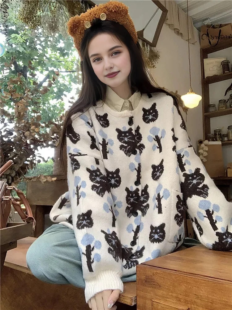 2024 winter Women Kawaii Animal Print White Black Sweaters for Cute girl Anime Cartoon Pattern Coats New in Clothes Free Shiping