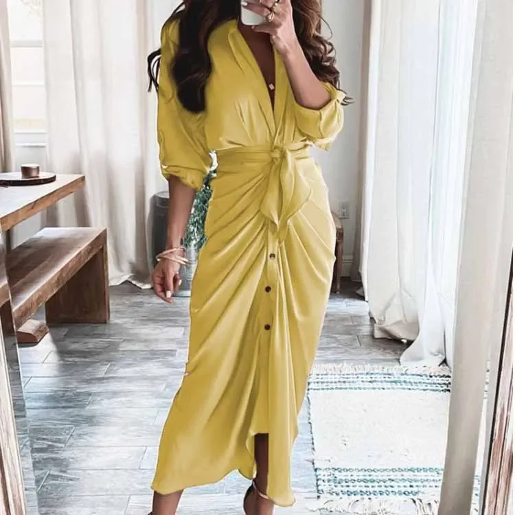 Fashion Printed Single-breasted Slim Shirts Dresses For Women Leace-up Elegant Bodycon Long Dress  Feminino Autumn New