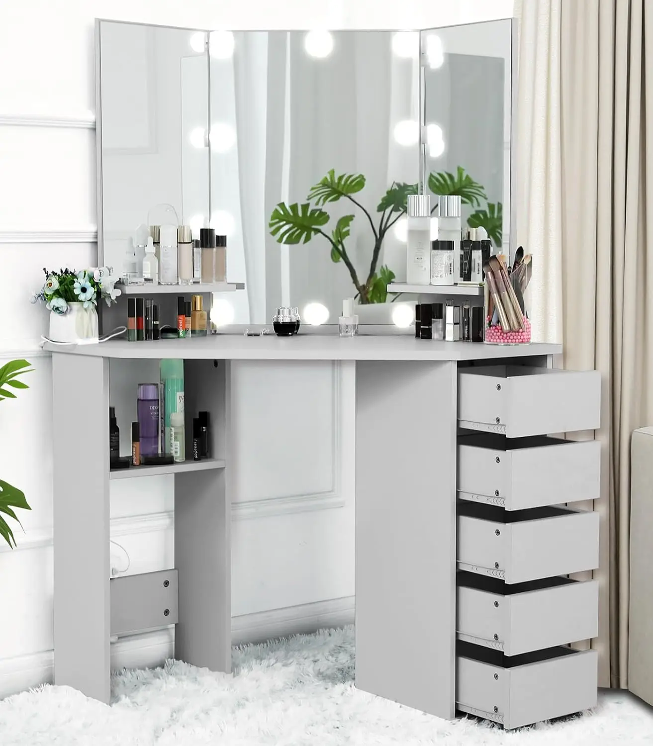 

Corner Makeup Vanity Desk with Lighted Mirror - Bedroom Vanity Table Mirror with 5 Drawer and Storage Shelf