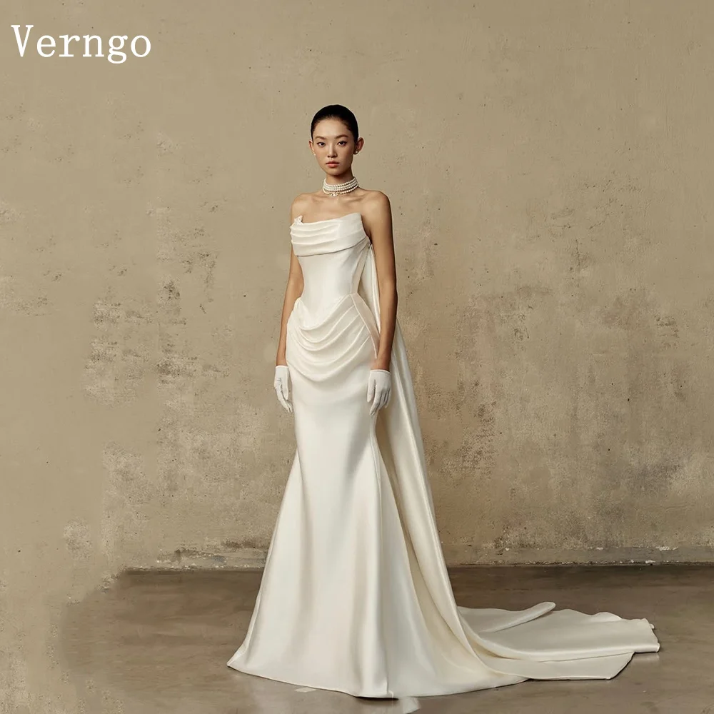 Verngo エレガントなサテンストラップレスマーメイドウェディングドレス手袋スイープトレインブライダルガウン女性ウエディングドレスカスタマイズ
