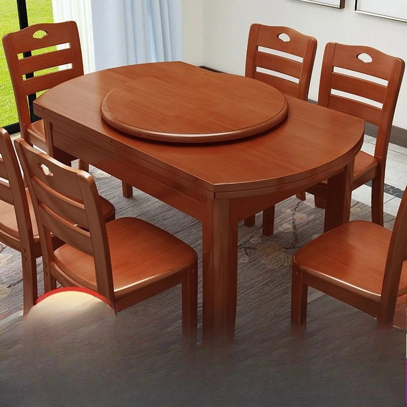 خشب متين، طاولة طعام وكراسي، مجموعة، مربعة ومستديرة، مزدوجة الأغراض، مع قرص دوار