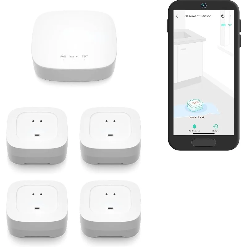 Smart Home Starter Kit, Hub e Sensor de vazamento de água, 4 com 105dB Audio Alarm, SMS, Email, Push Notification, Freeze Warning, 4-Pack