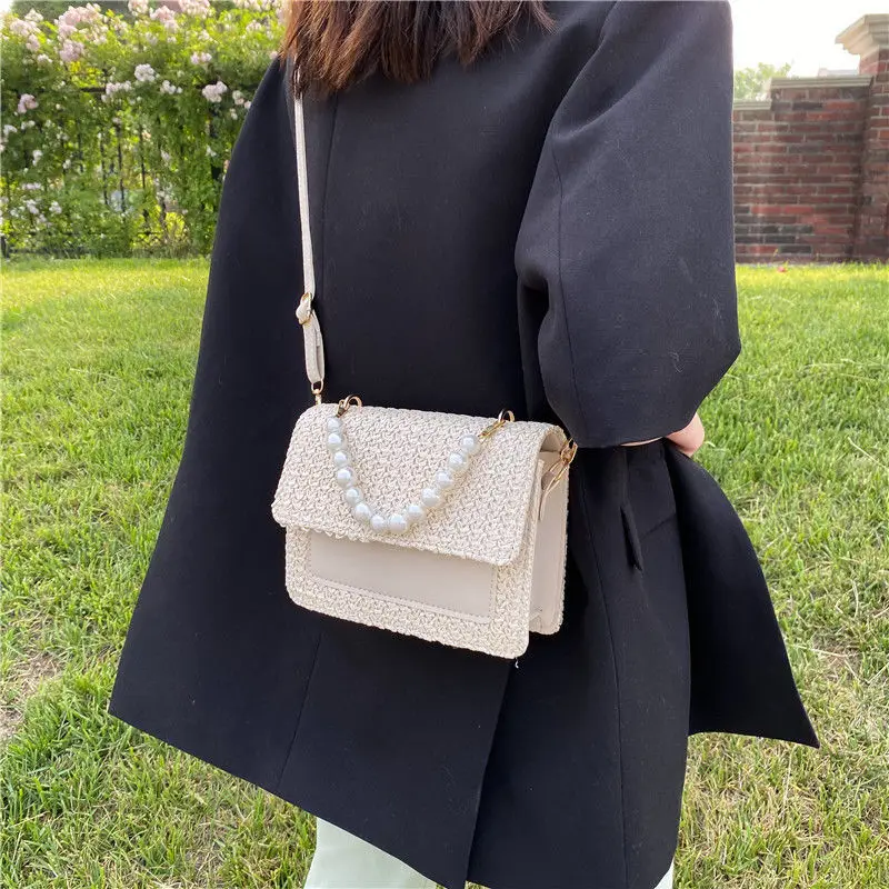 Crossbody Bag Women Designer Shoulder Bag Female Handbag Purse Straw Beaded Fashion New PU Leather Simple Contrast Color