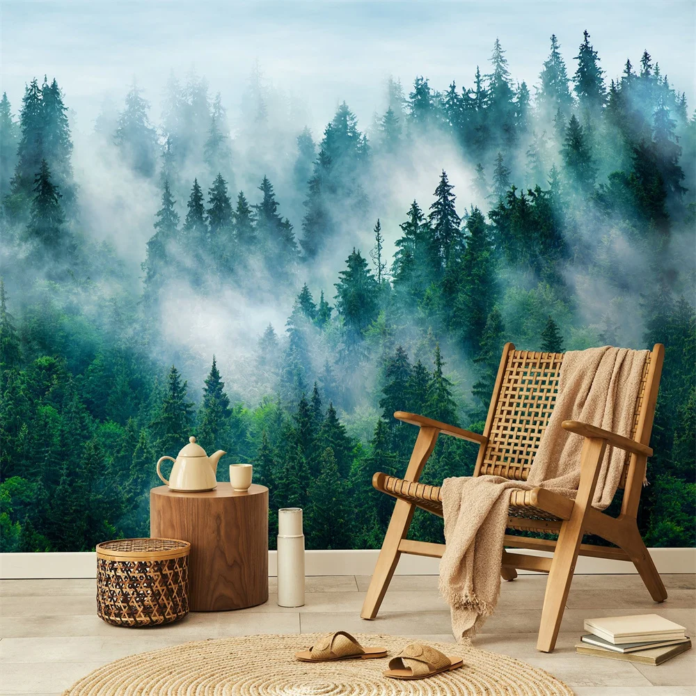 

Customized 3D printed wallpaper with a forest style healing and misty theme mural