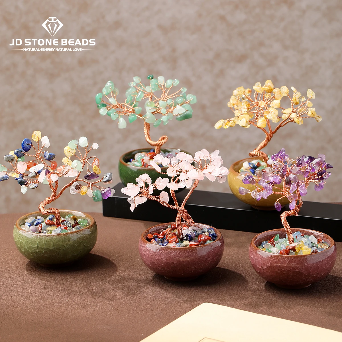 Natural Crystal Chip Stone Lucky Wealth Tree Bowl Shape Copper Wire Wrapped Feng Shui Trees Reiki Healing Tabletop Ornaments
