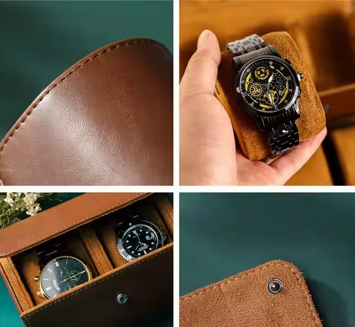 Estojo de relógio de viagem portátil de luxo prático rolo de couro com caixa de material de embalagem elegante para relógios