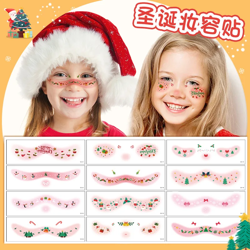 12 Sheets Non Toxic Christmas Face Stickers For Children Cute Sweet Cartoon Temporary Tattoos For Party Makeup Easy Apply