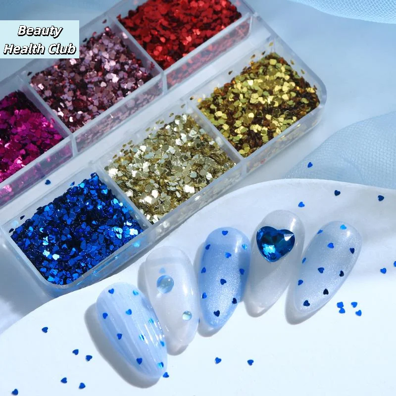 

【6Grids 1mm Mini Laser Heart Nail Glitter Nail Decor Accessories Sparkling Nail Charms Supplies Nail Art DIY Manicure Tools】