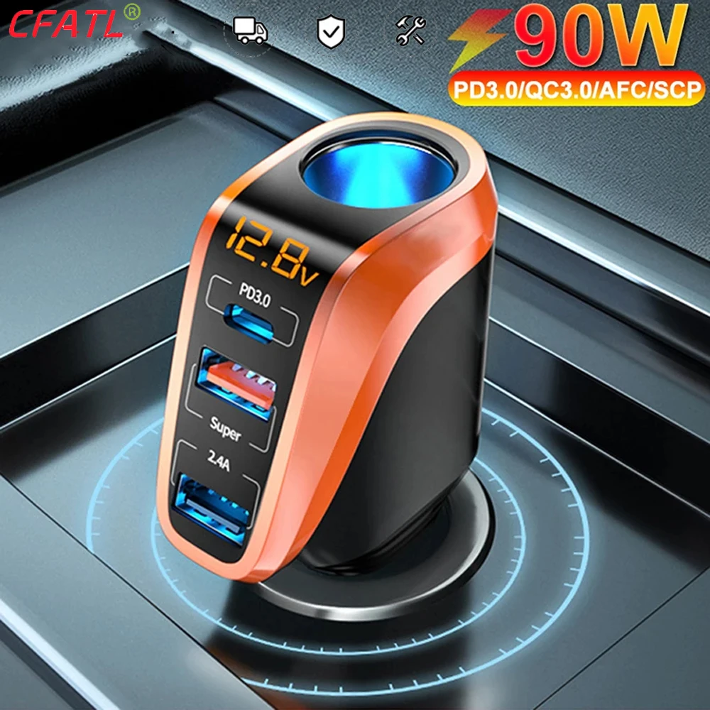

Car Charger Cigarette Socket 90W LED Display Type-C PD20W USB 66W QC 3.0 for IPhone Samsung HUAWEI Xiaomi Adapter