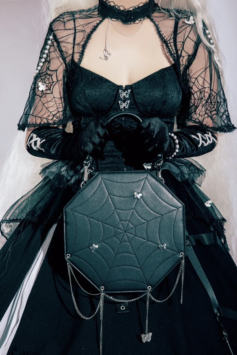 Vintage Gothic Punk Spider Web with Butterfly Handbags Black Women Girl Cosplay Shoulder Crossbody Bags