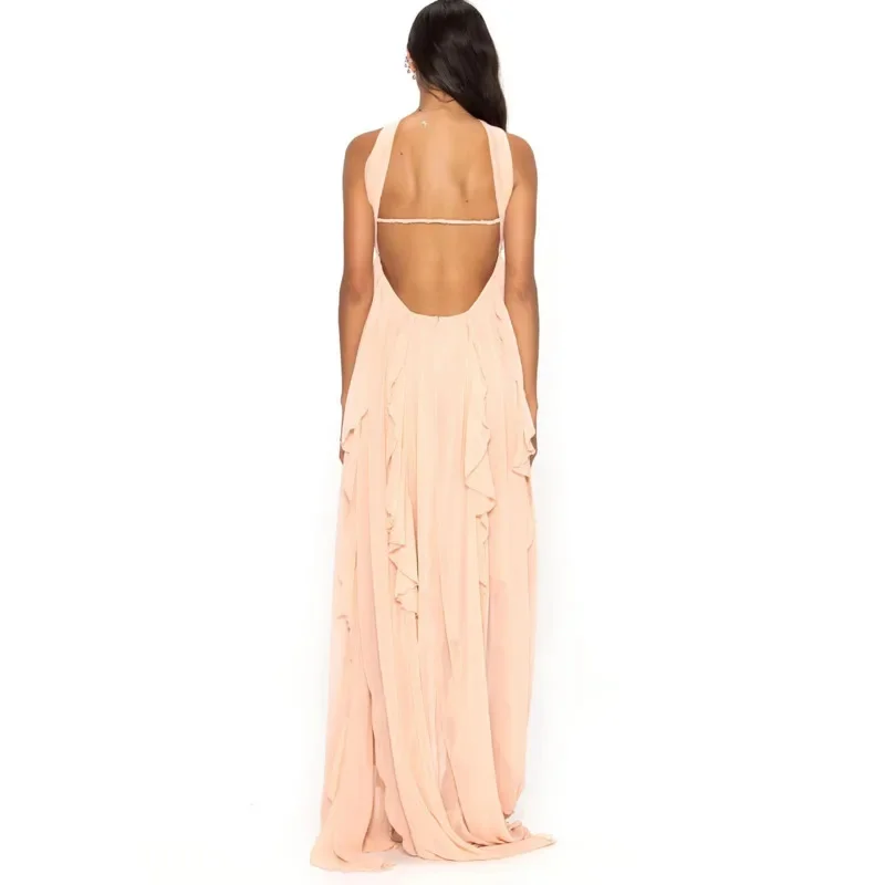 Elegant Ruffles Midi Dresses Long Robes With Scarf Collar Women High Slit Off Shoulder Backless Long Robes Ladies Vacation Dress