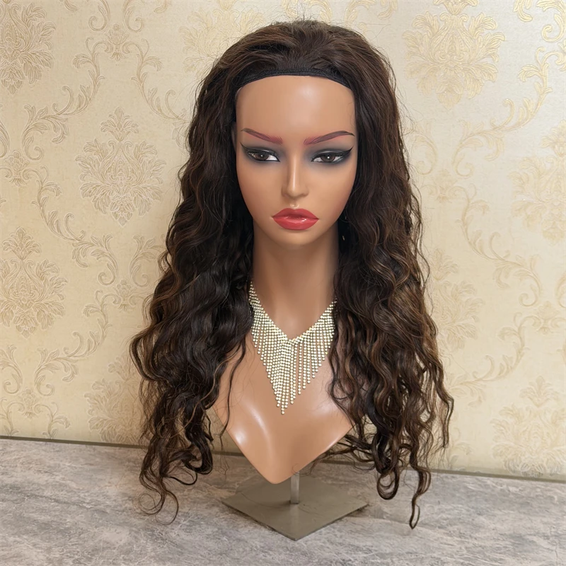 

2026 Human Hair Wig 3/4 Band Fall Wig Honey Blonde Highlights None Lace Top Wigs for Women Wear with HeadBand Small Large Cap