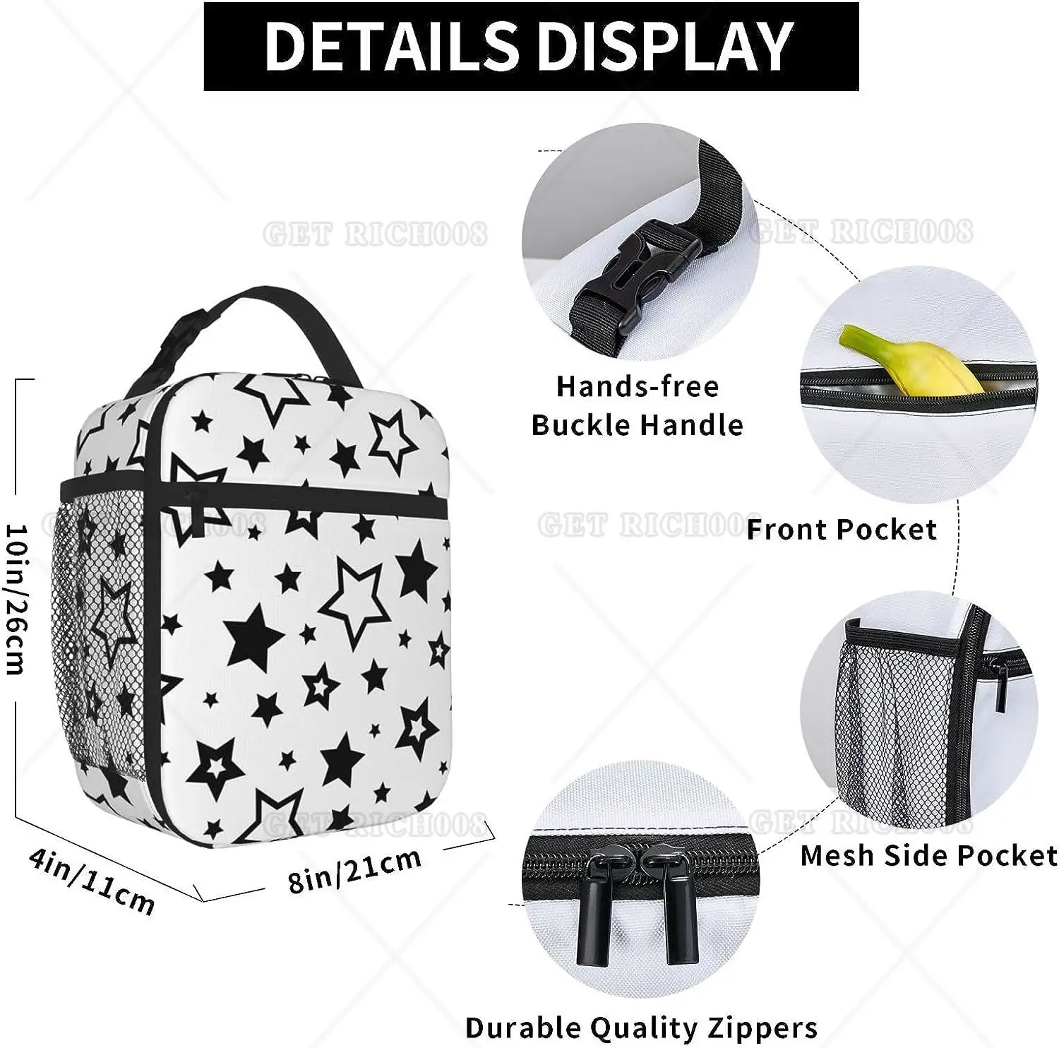 Black Stars In White Portable Lunch Bag Insulated Lunch Box Reusable Totes for Women Men Work Picnic Camping One Size