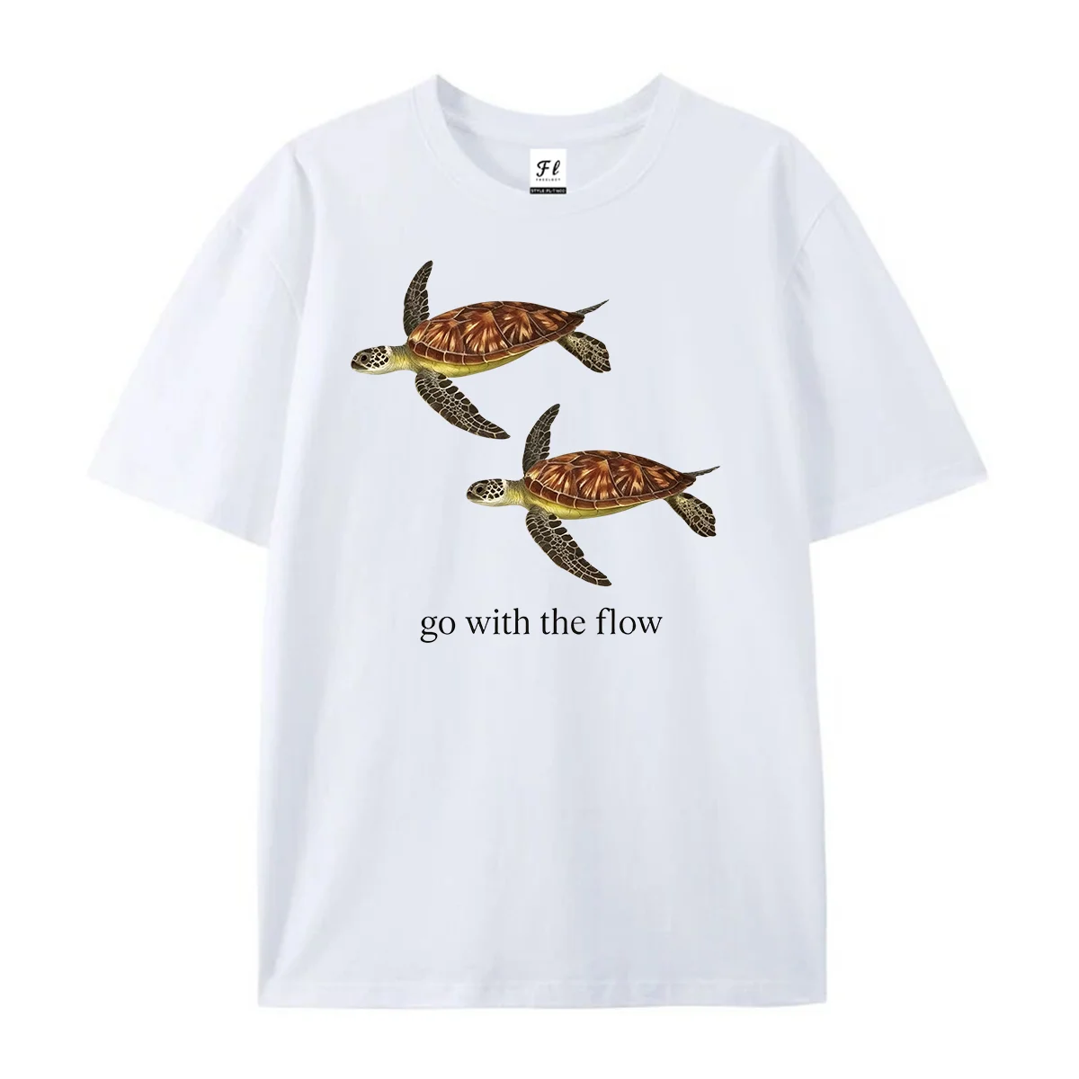 Go With The Flow Sea Turtle T-Shirt Vintage Ocean Animal Graphic Tee Cute Sea Creature Nature Lover Unisex Casual Short Tops