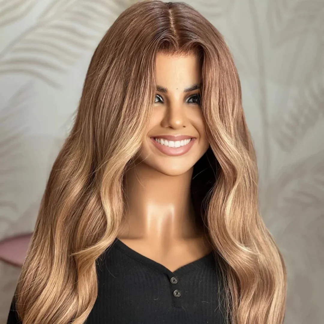 

Роскошные женские парики, медово-коричневые синтетические парики спереди, длинная длина, высокая плотность, объемная волна, высокотемпературный шелк