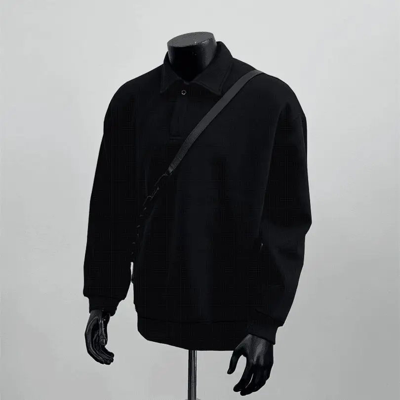 American Style Waffle Knit Polo Sweatshirt Men Women Spring Fall Loose Solid Color Top