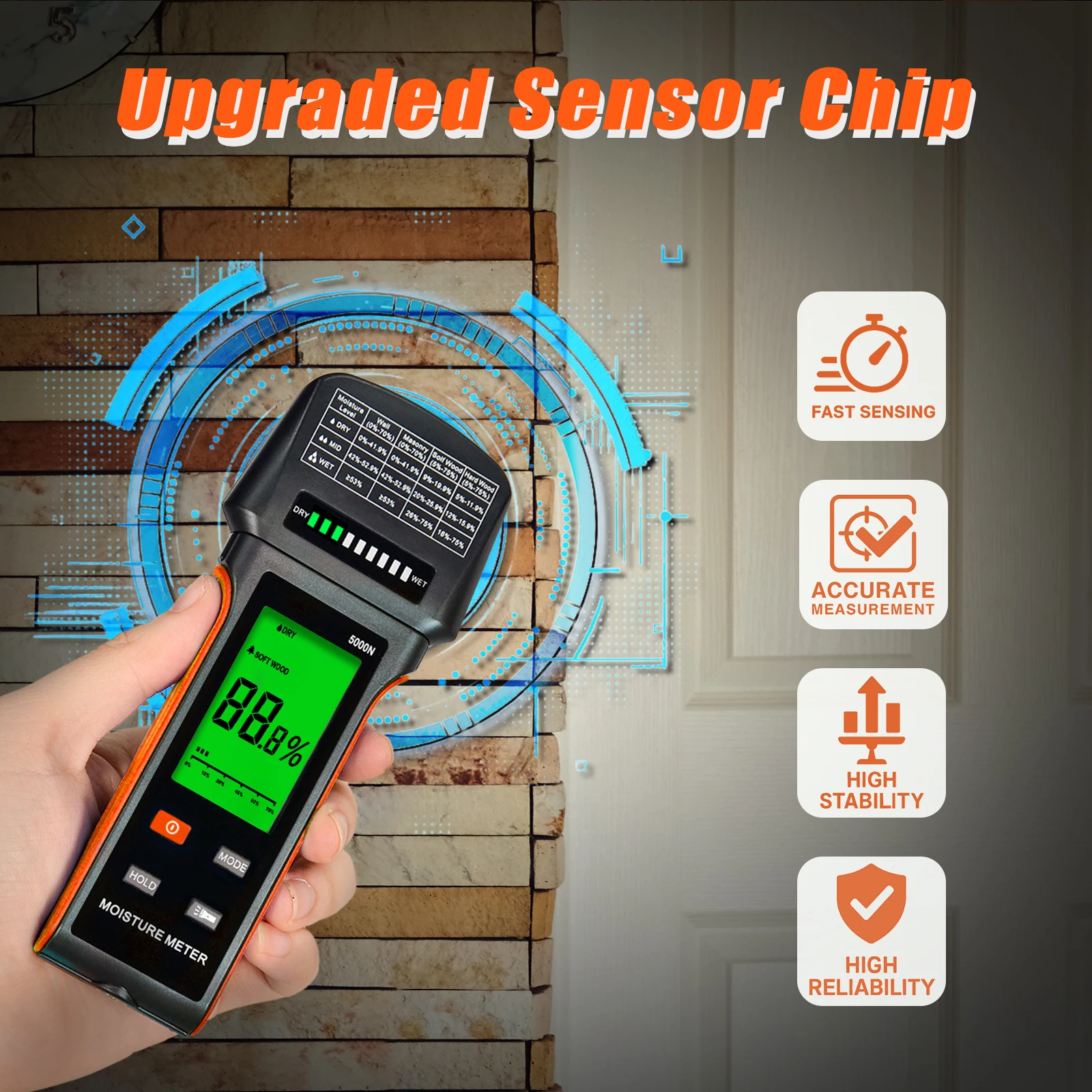 

Wood Moisture Meter 4-in-1, Digital Moisture Detector for Wood, Firewood, Logs, Walls, Masonry Pinless Design, LED Display