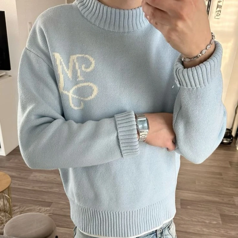 Y2K Harajuku Knit Sky Blue Sweater Retro Embroidered Signature Round Neck Casual Hip Hop High Street Unisex Long Sleeve Sweater