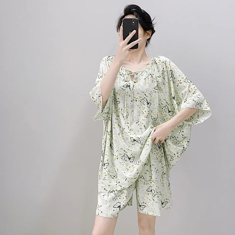 Cotton Silk Pajamas Sets Women's Summer Short-sleeved Tops Shorts Pants 2PCS Large Size Print Sleepwear Set Thin Loungewear Suit 5