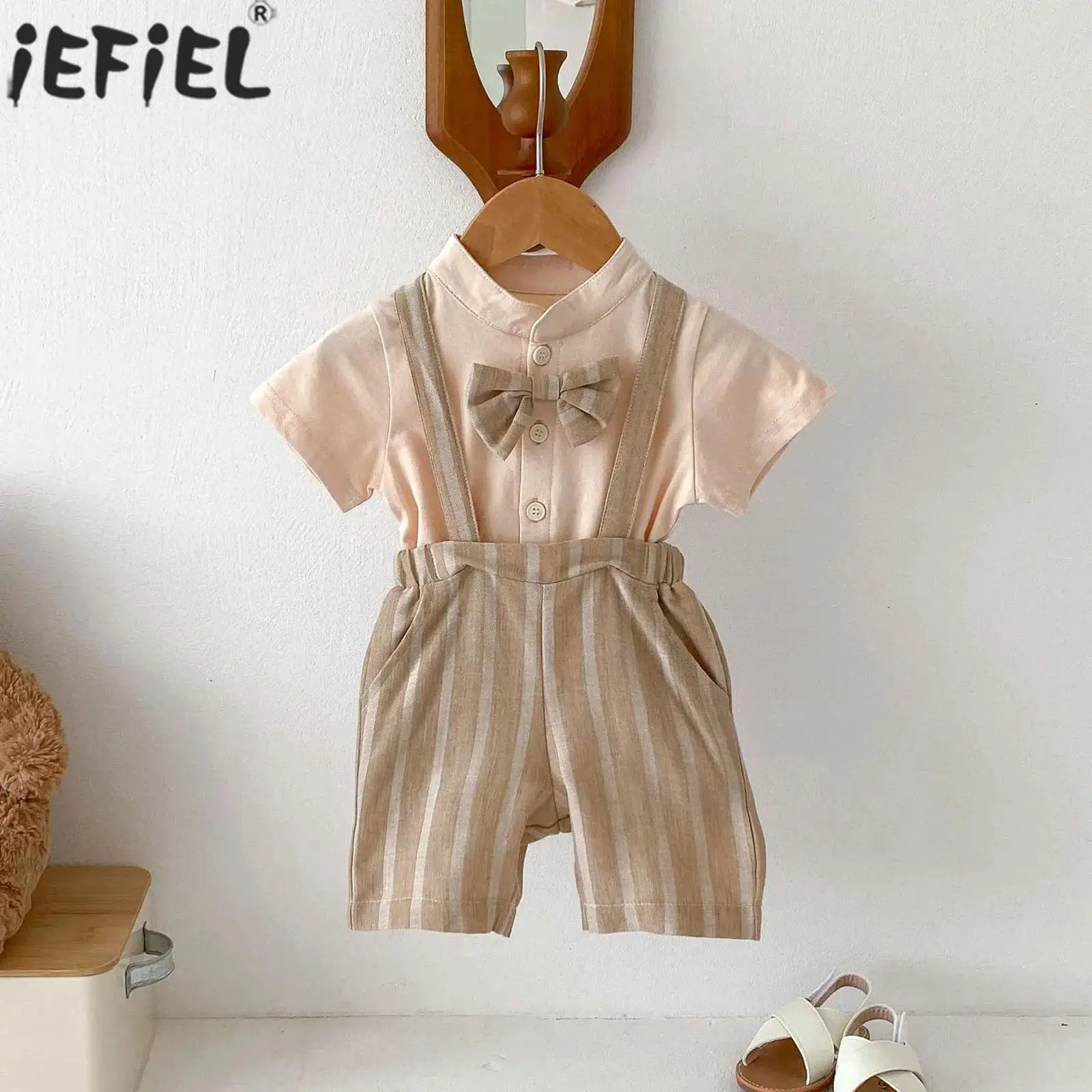 

Infant Boys Baptism Birthday Wedding Party Gentleman Suit Short Sleeve Bowtie Tops with Suspenders Shorts Photography Costume