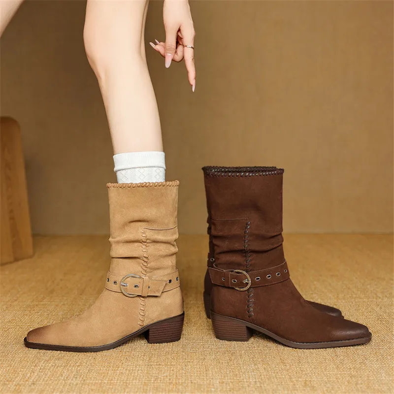 

Новые осенне-зимние женские ботинки из коровьей замши, женская обувь с квадратным носком, модные ботинки, сапоги до середины икры на среднем каблуке, рыцарские сапоги ручной работы