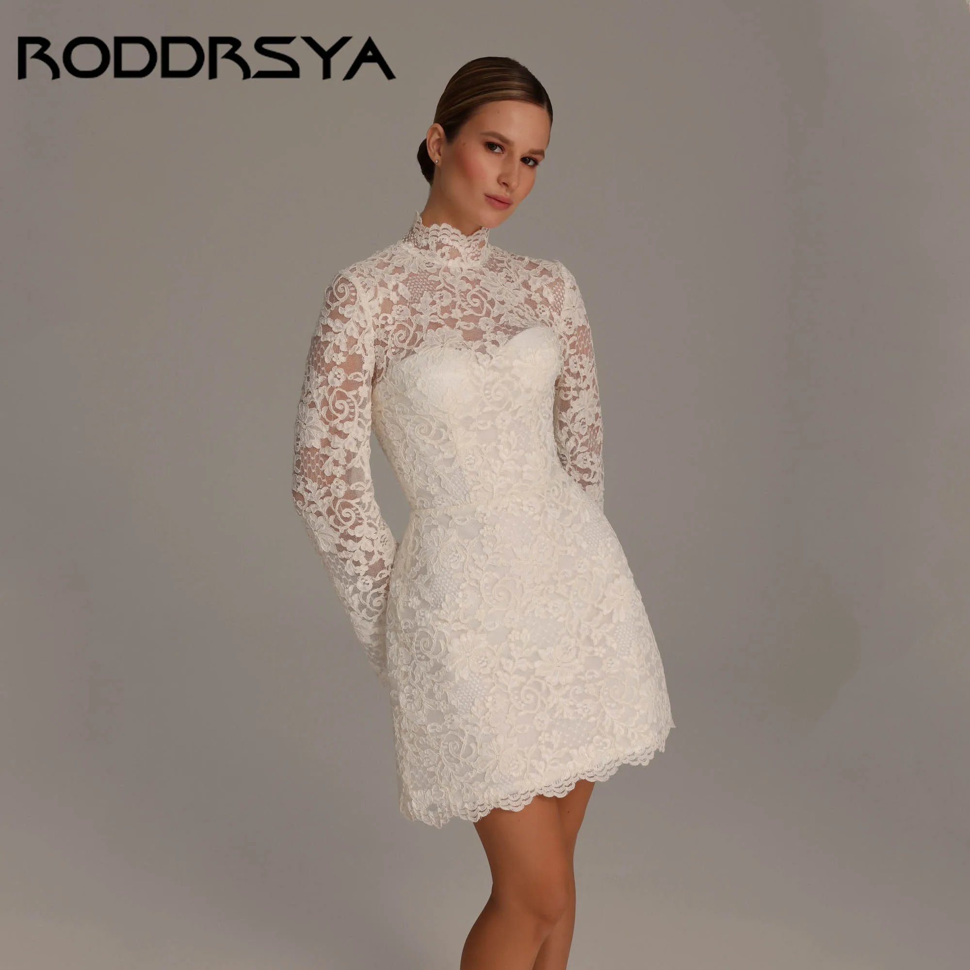 RODDRSYA Classic Short Lace Wedding Reception Dress Long Flared Sleeves High Neck Elegant Bridal Shower Gowns Vestidos De Novia
