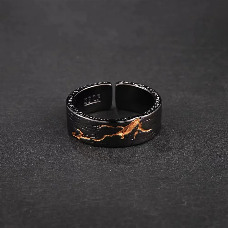 Personlity S925 Ring Male Silver Jewelry Opening Size Popular Gold Black Collision Lava Ring For Men Anniversaty Gift