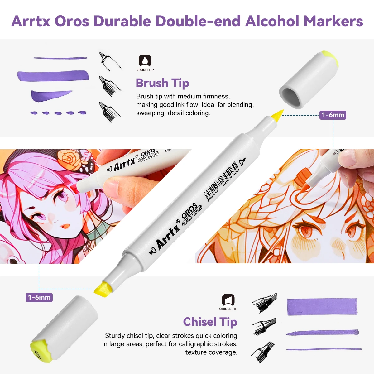 Arrtx Oros 66 Pastel Colors Alcohol Brush Markers Double Tipped Brush & Chisel Sketch Marker for Adults\' Coloring Illustration