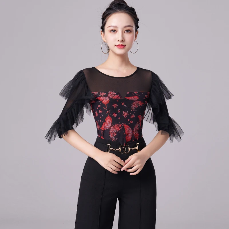 

National Standard Modern Dance Blouse For Women New Latin Dance Tops One-Piece Middle Sleeve Printed Training Clothes DQL8338