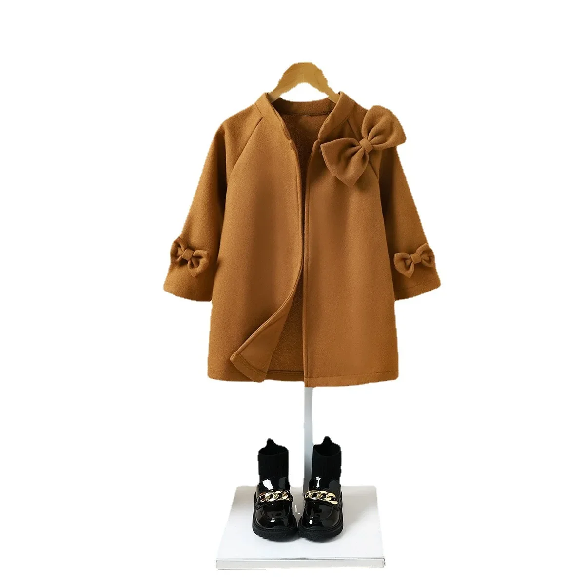 Baby Girls Wool Coat Kids Outerwear with Bowtie 2023 Autumn Winter Toddler Warm Jacket Children's Thicken Clothes Korean Style