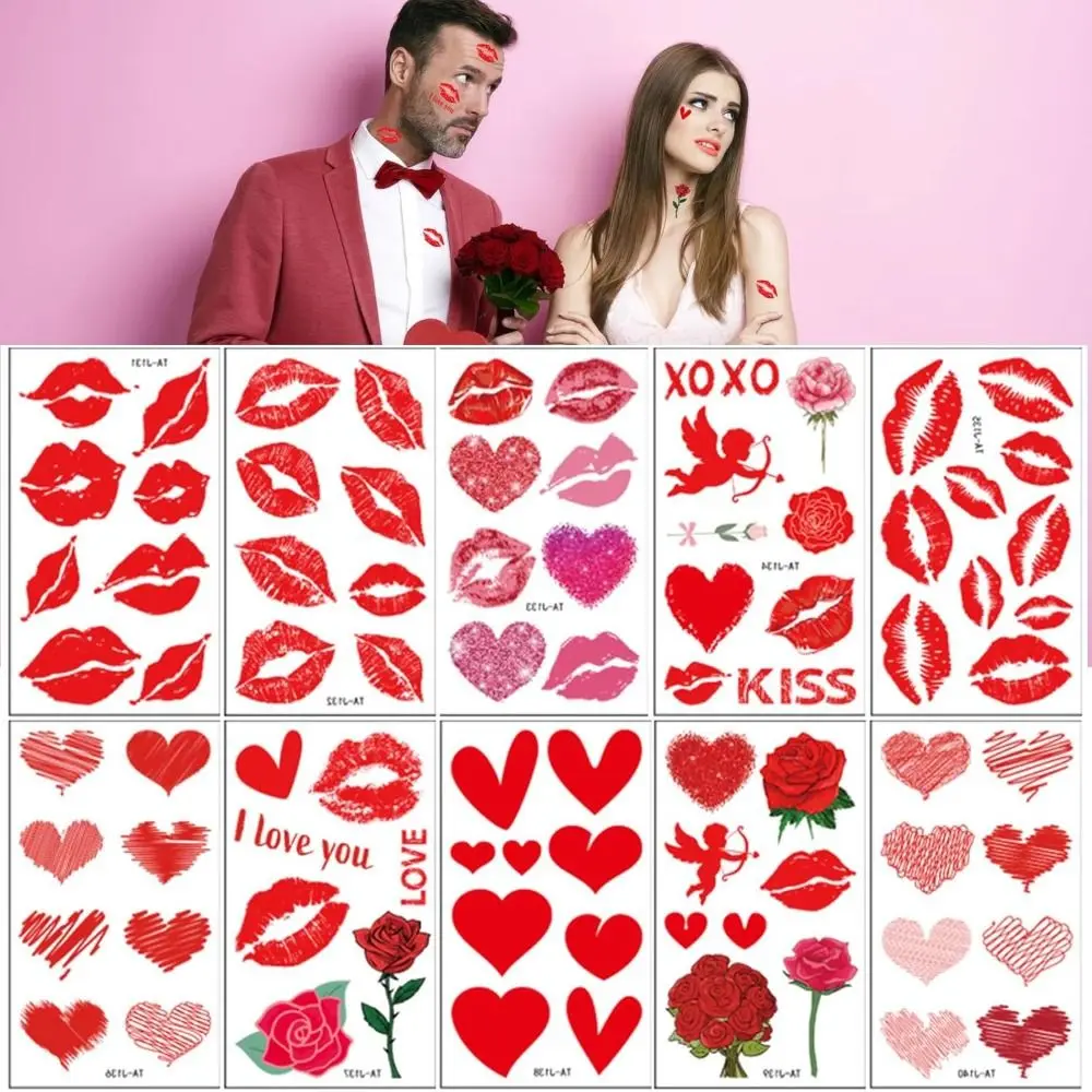 10PCS Valentine's Day Temporary Tattoo Stickers Lips Kiss Heart Red Love Rose Fake Tattoo Decals Waterproof