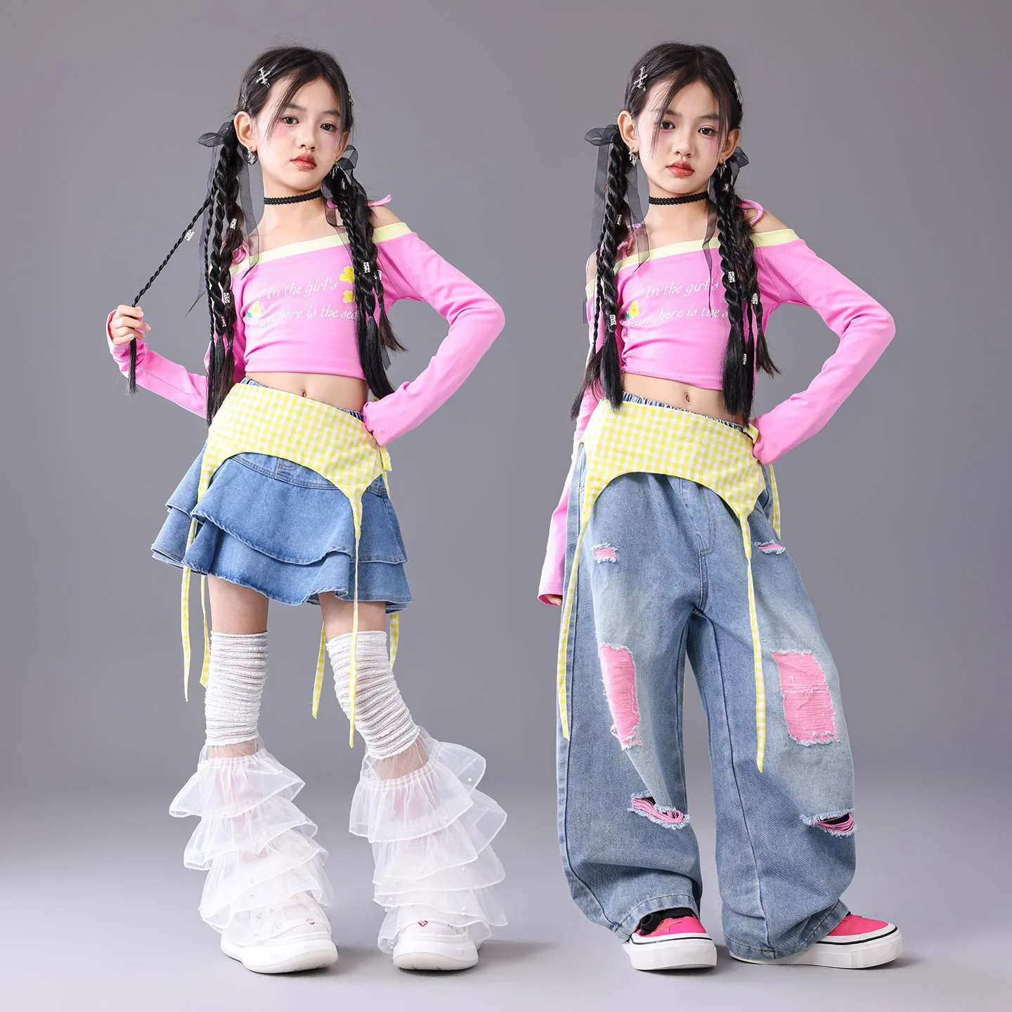 Kid Kpop Hip Hop Clothing Pink Boat Neck Crop T Shirt Denim Blue Layer Skirt Ripped Jeans Pants for Girls Dance Costumes Clothes view 5
