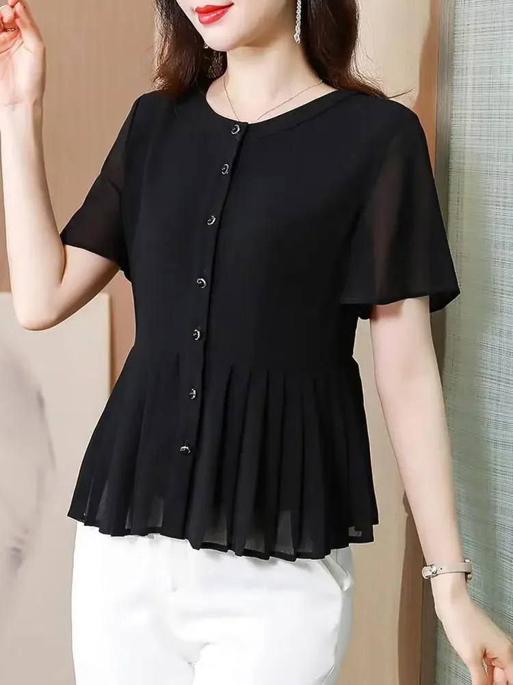 Black Loose Short Sleeve Women's Shirt Summer Fashionable Chiffon Top Mom's Skirt Hem Loose Belly Covering Korean Style