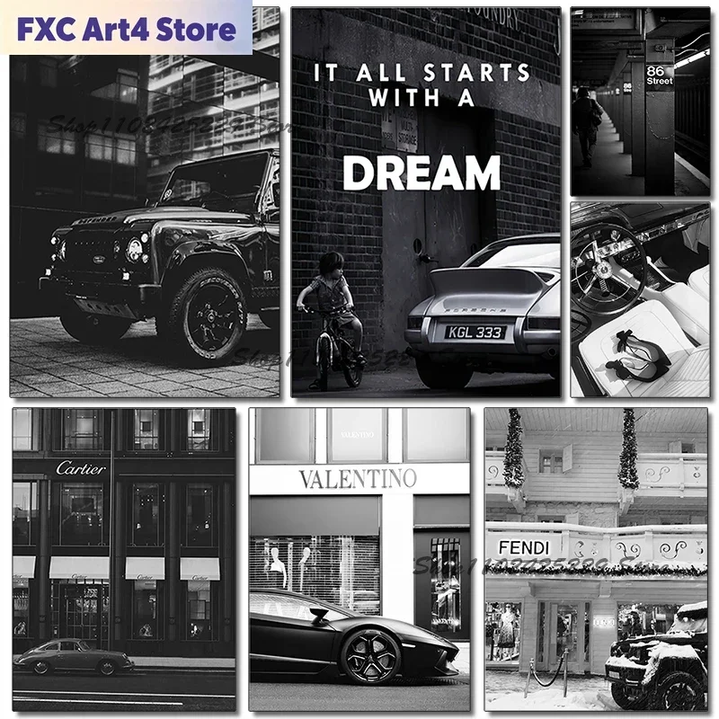 Rahmenloses Kunstposter mit Paris Champs-Élysées-Straße, Luxus-Rennmotiv, Leinwanddruck, Moderne Nordische Schwarz-Weiß-Kunst für Wohnzimmer
