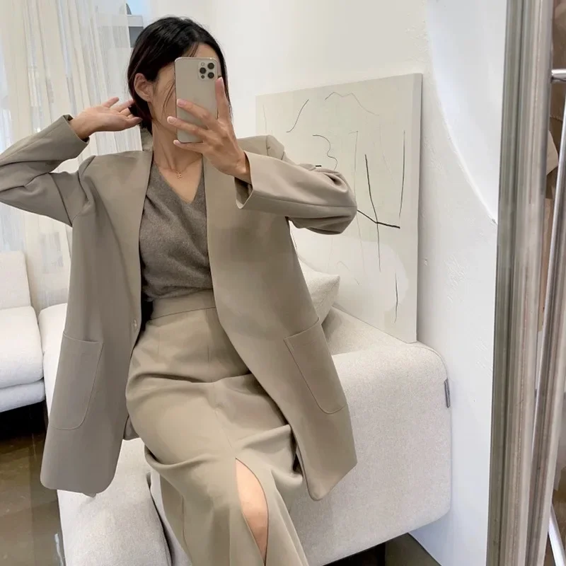 

Осенний женский костюм, пальто, полуюбка с разрезом, комплекты из 2 предметов, винтажные повседневные пиджаки с v-образным вырезом, длинная юбка, комплекты из двух предметов