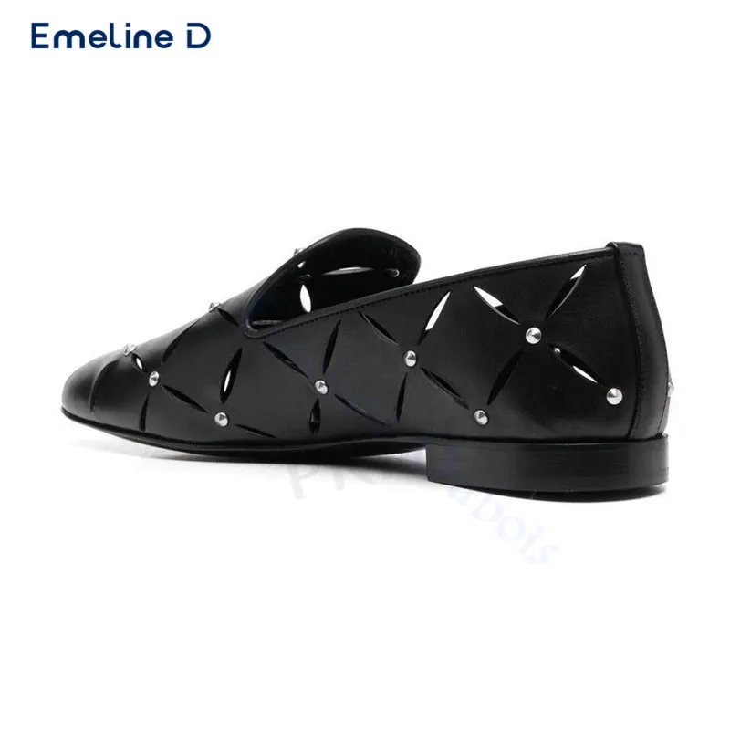 Black Hollow Studded Loafers Slip-On Block Heel Designer Leather Casual Shoes Large Size Fashion Trend Leather Men's Shoes