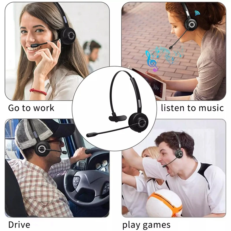 Bluetooth Wireless Headset With Microphone Hands-Free Call Earphone Charging Base For Call Center Office Truck Driver