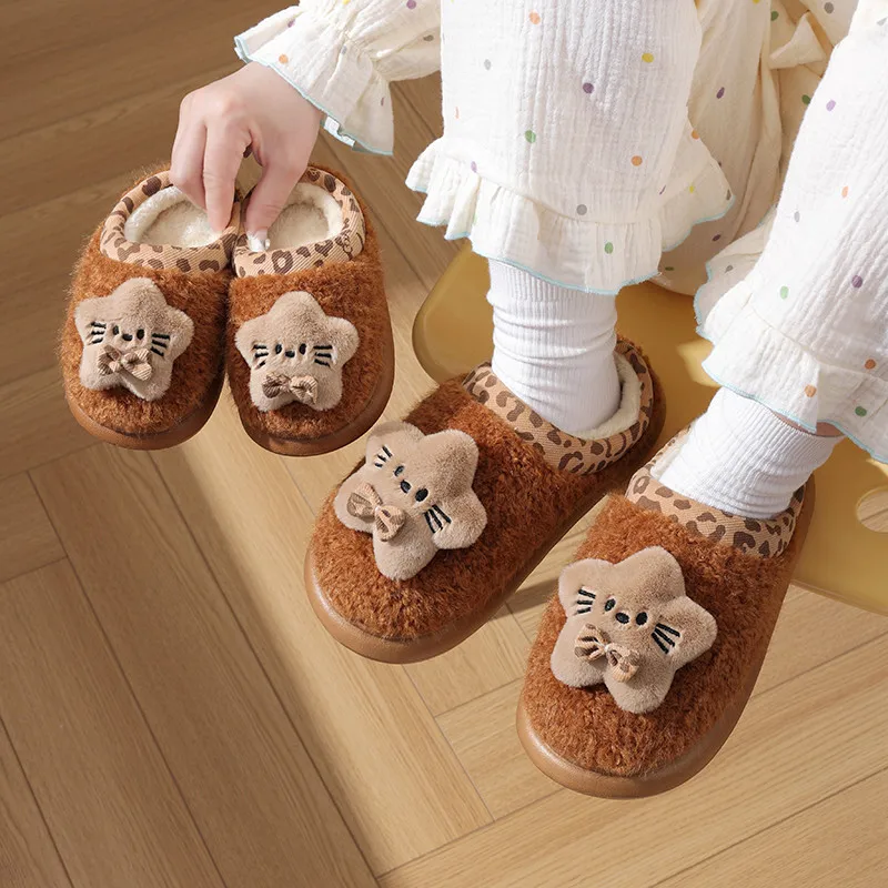 Kids Adults Winter Fuzzy Slippers Cute Kitty Bow Plush Slippers Leopard Print Collar Warm Fluffy Indoor Home Shoes Size 24‑41 - view 6
