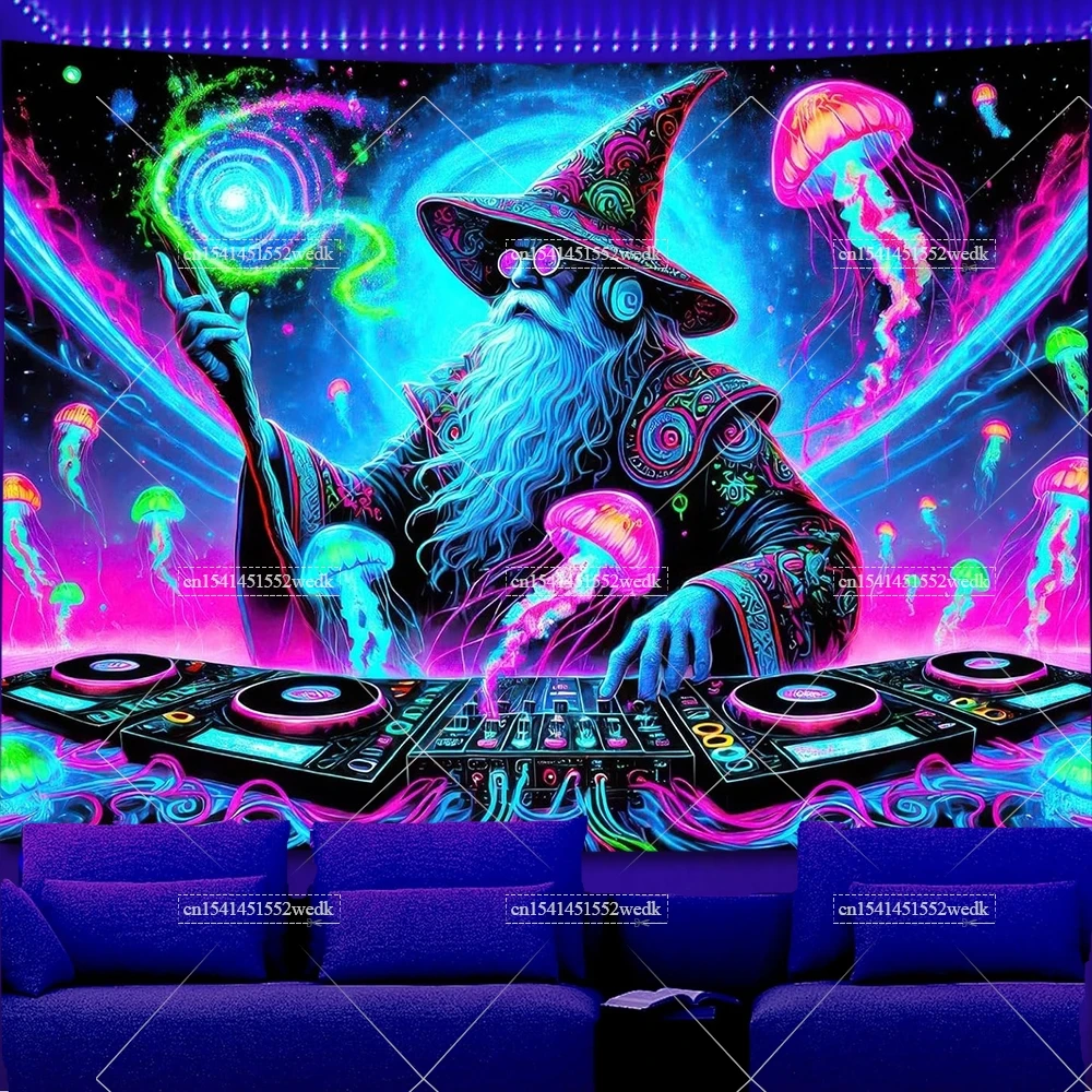 UV Reactive Music Wizard DJ Blacklight Tapestry Neon Jellyfish Fluorescent Tapestry Backdrop Aesthestic Glow In The Dark Posters