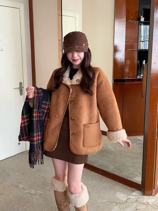 

plus Size Fluffy Jaet Women's Thi Warm Outerwear Autumn Winter Loose Versatile Coat High Waist Button Detail Long Sve